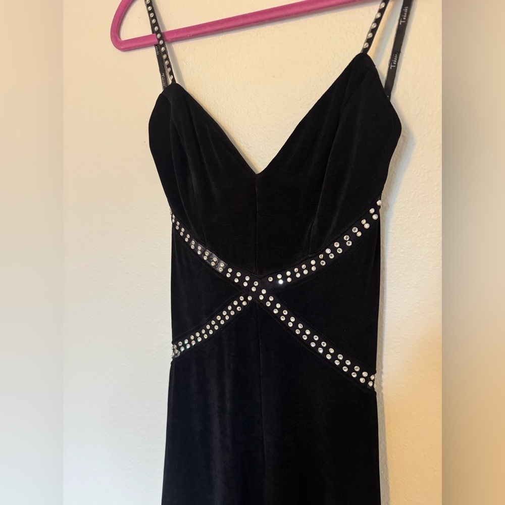 VTG Tadashi Y2K Mini Dress Tank Jeweled Mesh Panel Swing Size Small Black EUC - Picture 2 of 9